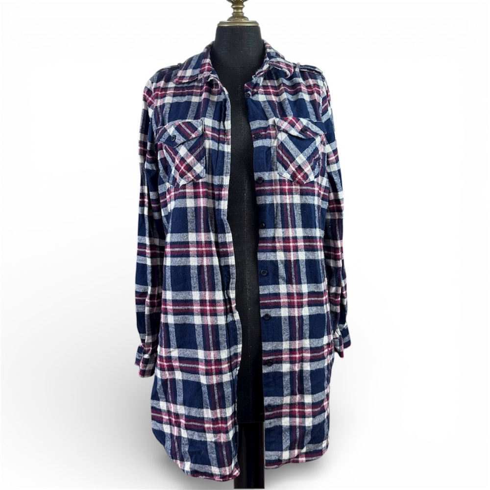 Inso Button Down Top Oversized Long Length Plaid Red Blue Cotton Size Large